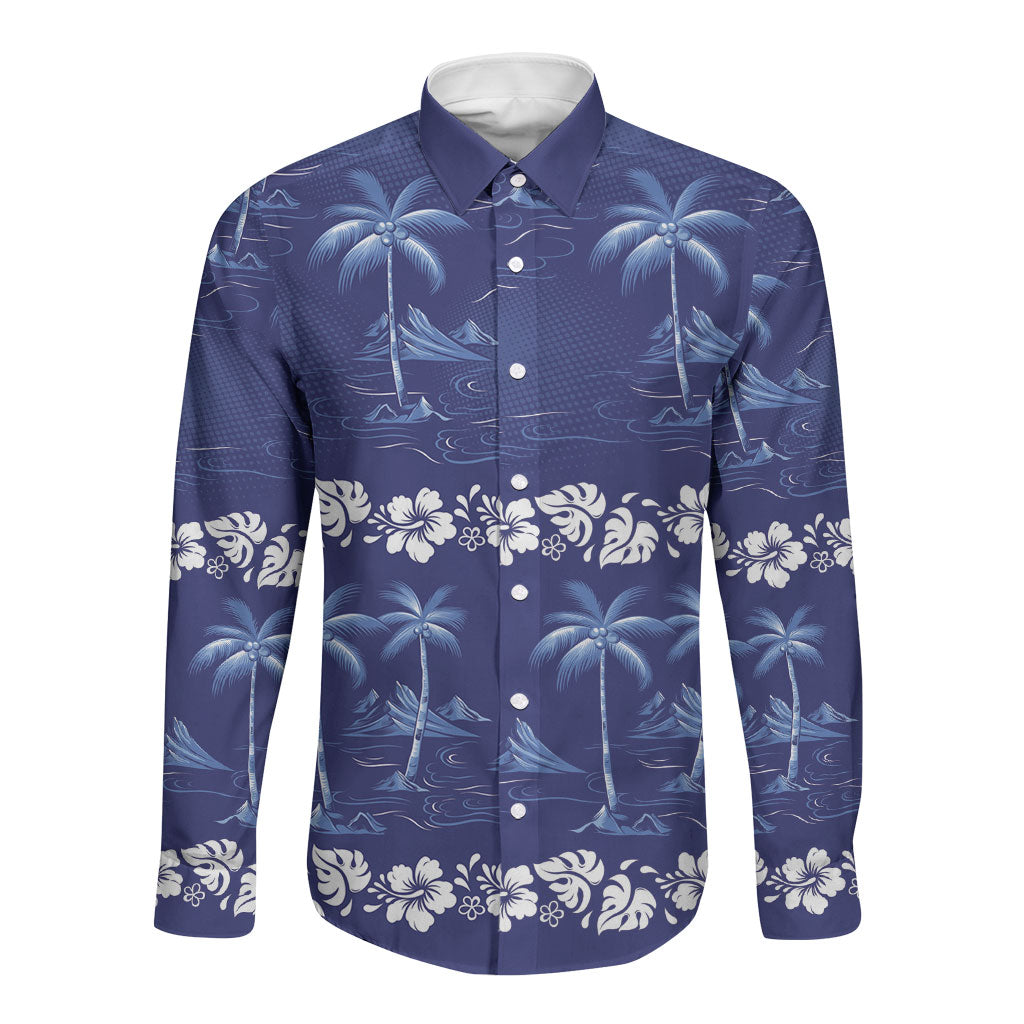 Blue Hawaii Palm Tree Hibiscus Long Sleeve Button Shirt Fantasy Summer Vibe LT01 Unisex Blue - Polynesian Pride