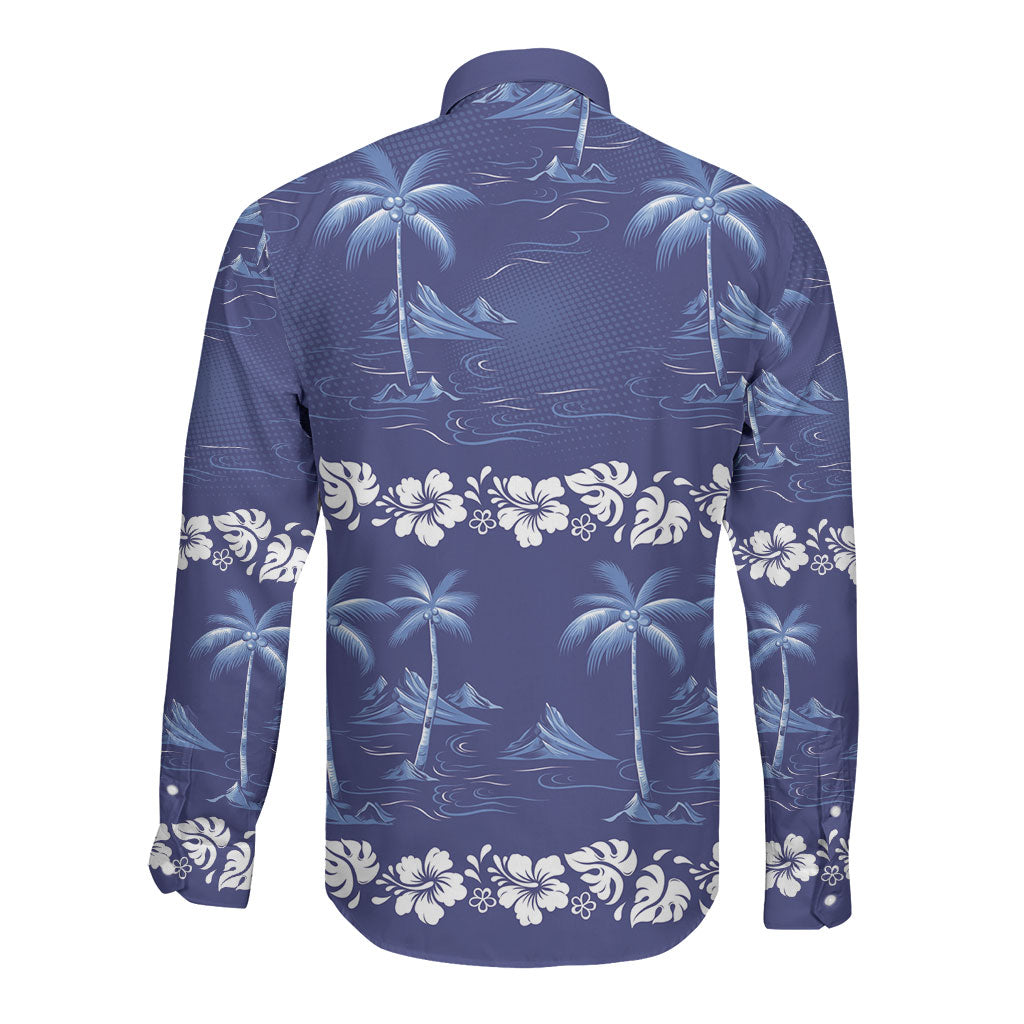 Blue Hawaii Palm Tree Hibiscus Long Sleeve Button Shirt Fantasy Summer Vibe LT01 - Polynesian Pride
