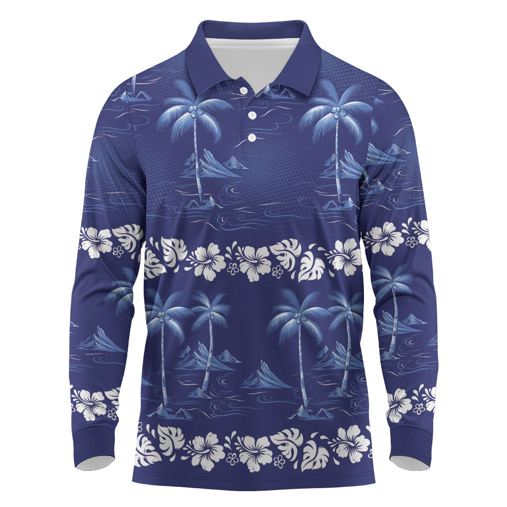 Blue Hawaii Palm Tree Hibiscus Long Sleeve Polo Shirt Fantasy Summer Vibe LT01 Blue - Polynesian Pride