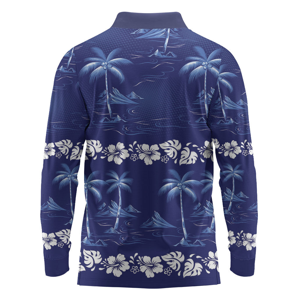 Blue Hawaii Palm Tree Hibiscus Long Sleeve Polo Shirt Fantasy Summer Vibe LT01 - Polynesian Pride