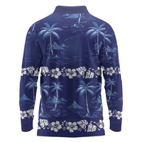 Blue Hawaii Palm Tree Hibiscus Long Sleeve Polo Shirt Fantasy Summer Vibe LT01 - Polynesian Pride