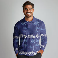 Blue Hawaii Palm Tree Hibiscus Long Sleeve Polo Shirt Fantasy Summer Vibe LT01 - Polynesian Pride