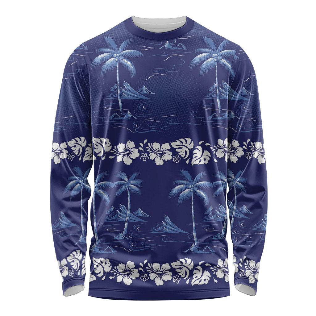 Blue Hawaii Palm Tree Hibiscus Long Sleeve Shirt Fantasy Summer Vibe LT01 Unisex Blue - Polynesian Pride