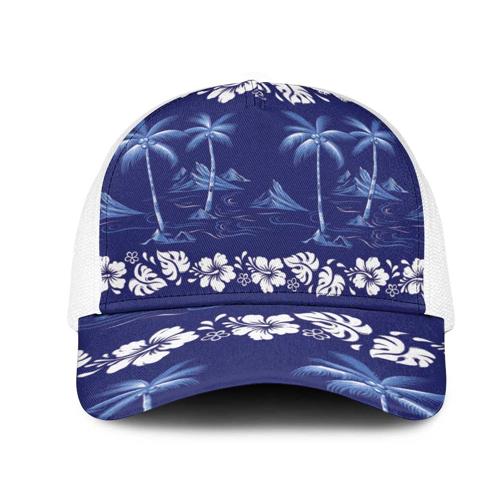 Blue Hawaii Palm Tree Hibiscus Mesh Trucker Cap Fantasy Summer Vibe LT01 One Size White Blue - Polynesian Pride