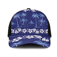 Blue Hawaii Palm Tree Hibiscus Mesh Trucker Cap Fantasy Summer Vibe LT01 One Size Black Blue - Polynesian Pride