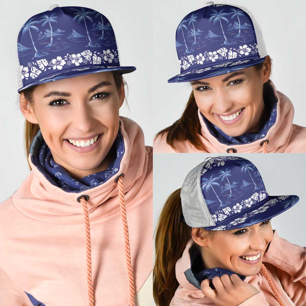 Blue Hawaii Palm Tree Hibiscus Mesh Trucker Cap Fantasy Summer Vibe LT01 - Polynesian Pride
