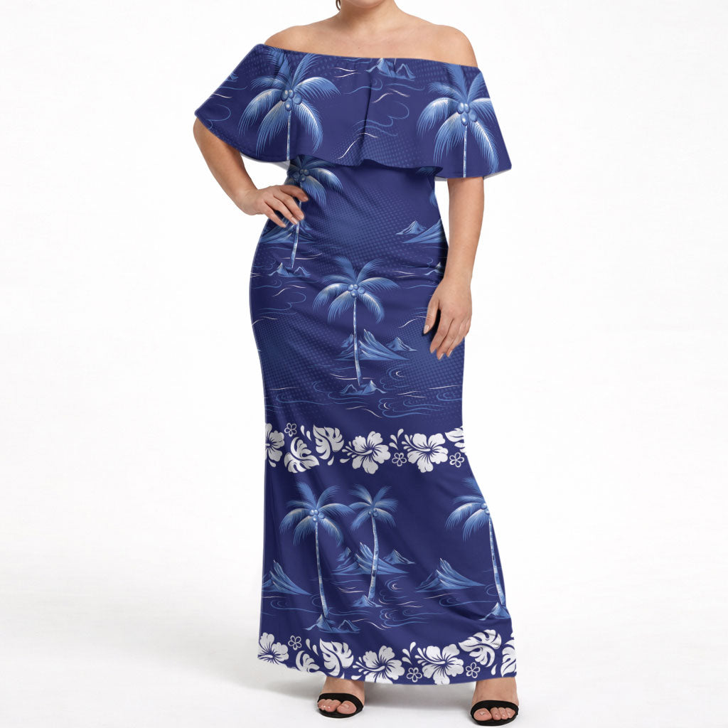 Blue Hawaii Palm Tree Hibiscus Off Shoulder Maxi Dress Fantasy Summer Vibe LT01 Women Blue - Polynesian Pride