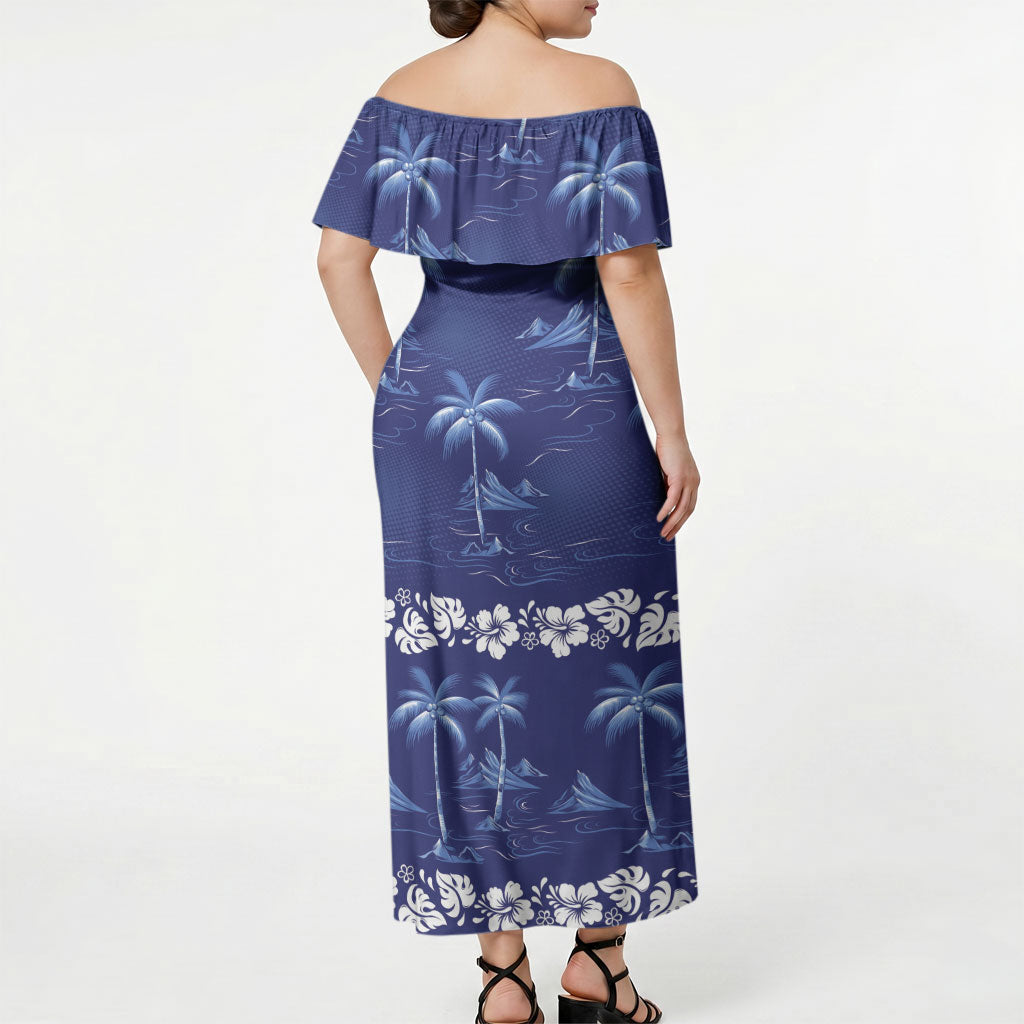 Blue Hawaii Palm Tree Hibiscus Off Shoulder Maxi Dress Fantasy Summer Vibe LT01 - Polynesian Pride