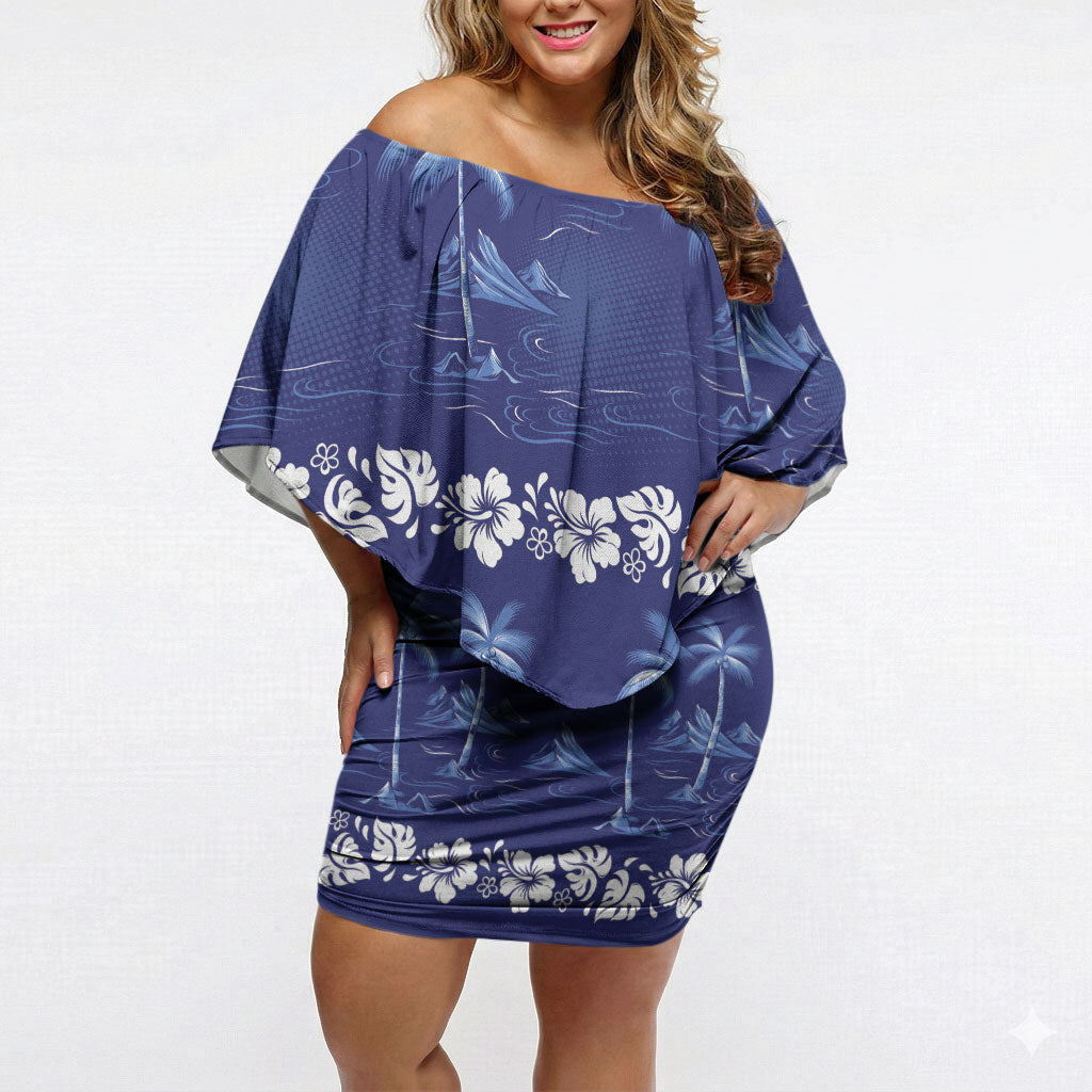 Blue Hawaii Palm Tree Hibiscus Off Shoulder Short Dress Fantasy Summer Vibe LT01 Women Blue - Polynesian Pride