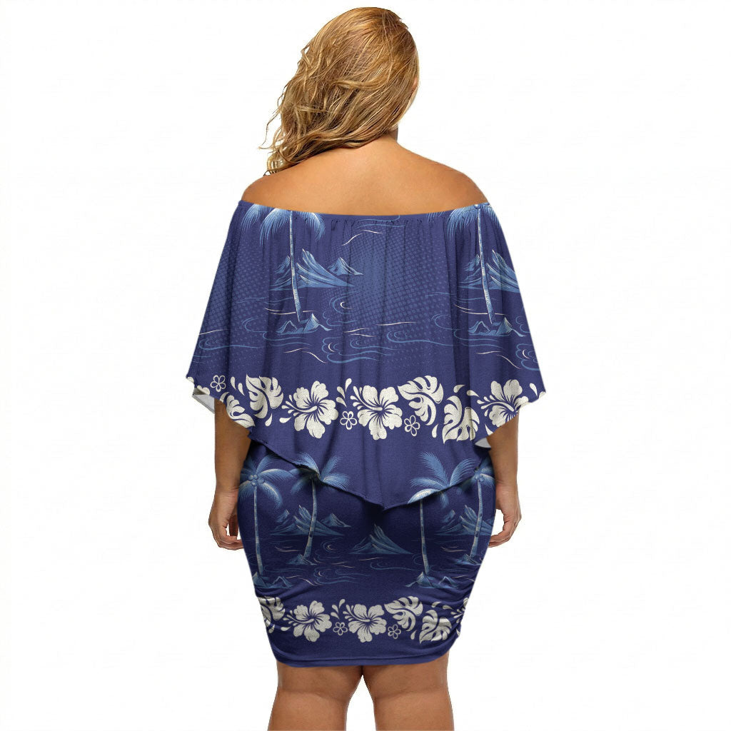 Blue Hawaii Palm Tree Hibiscus Off Shoulder Short Dress Fantasy Summer Vibe LT01 - Polynesian Pride