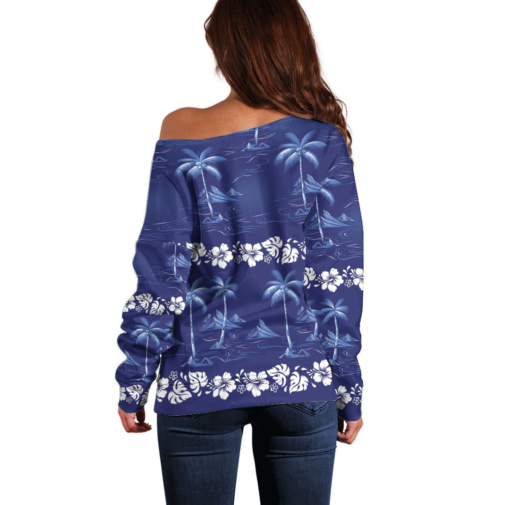 Blue Hawaii Palm Tree Hibiscus Off Shoulder Sweater Fantasy Summer Vibe LT01 - Polynesian Pride