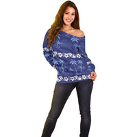 Blue Hawaii Palm Tree Hibiscus Off Shoulder Sweater Fantasy Summer Vibe LT01 - Polynesian Pride