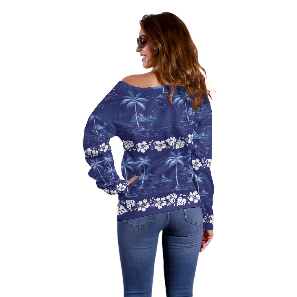Blue Hawaii Palm Tree Hibiscus Off Shoulder Sweater Fantasy Summer Vibe LT01 - Polynesian Pride