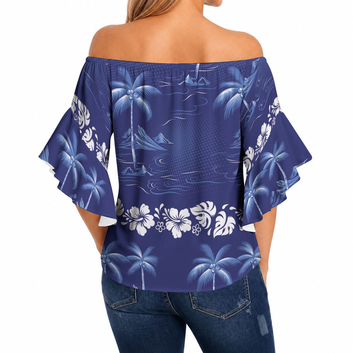 Blue Hawaii Palm Tree Hibiscus Off Shoulder Wrap Waist Top Fantasy Summer Vibe LT01 - Polynesian Pride