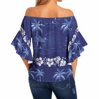Blue Hawaii Palm Tree Hibiscus Off Shoulder Wrap Waist Top Fantasy Summer Vibe LT01 - Polynesian Pride