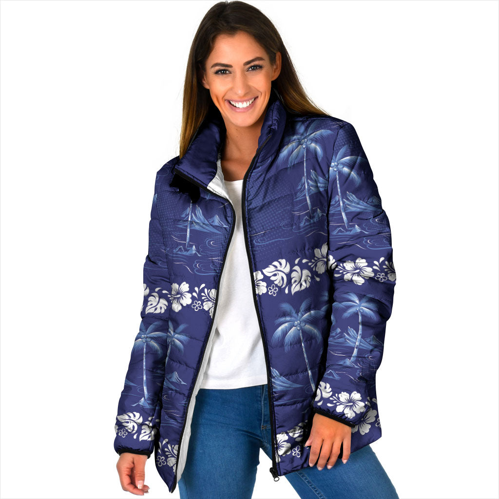 Blue Hawaii Palm Tree Hibiscus Padded Jacket Fantasy Summer Vibe LT01 Women Blue - Polynesian Pride