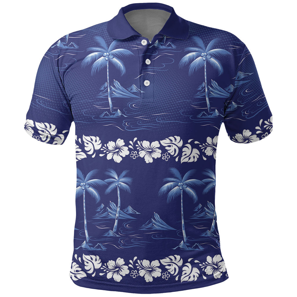 Blue Hawaii Palm Tree Hibiscus Polo Shirt Fantasy Summer Vibe LT01 Blue - Polynesian Pride