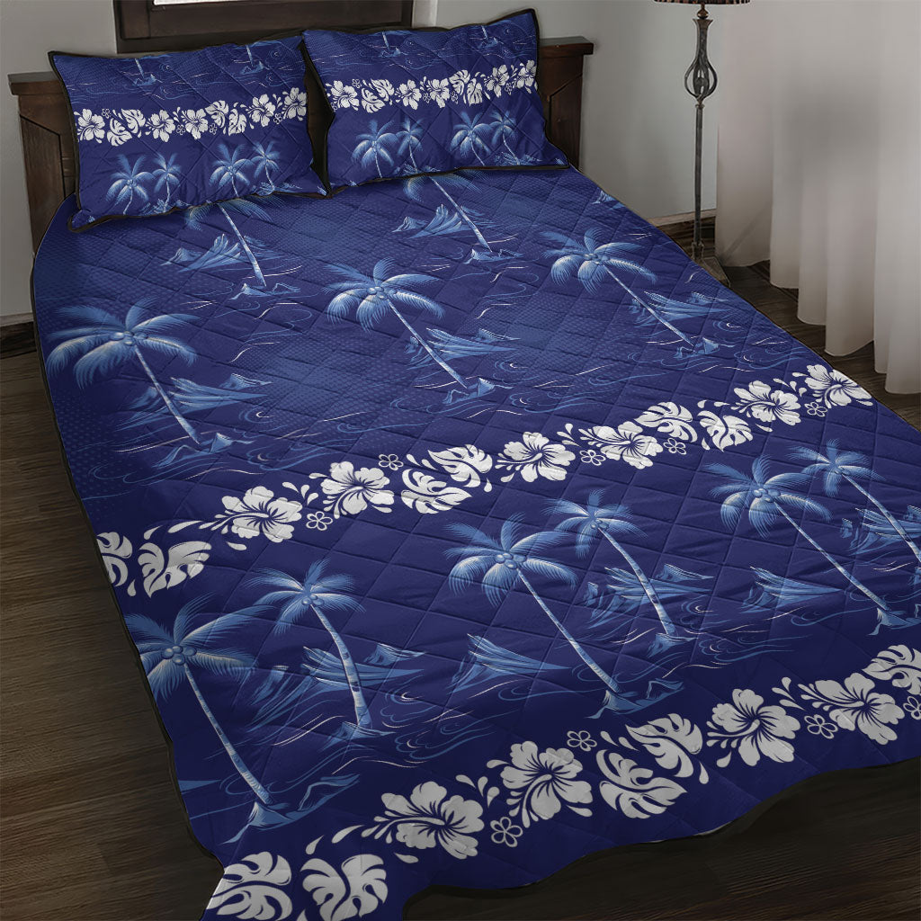 Blue Hawaii Palm Tree Hibiscus Quilt Bed Set Fantasy Summer Vibe LT01 Blue - Polynesian Pride