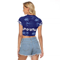 Blue Hawaii Palm Tree Hibiscus Raglan Cropped T Shirt Fantasy Summer Vibe LT01 - Polynesian Pride
