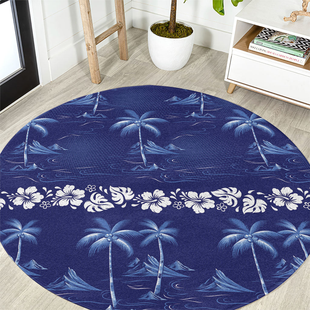 Blue Hawaii Palm Tree Hibiscus Round Carpet Fantasy Summer Vibe LT01 Blue - Polynesian Pride