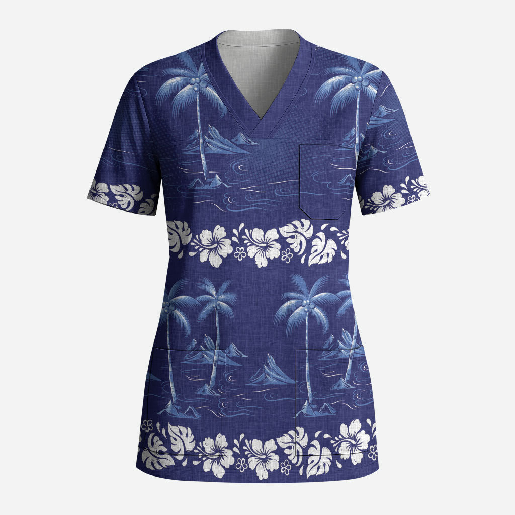 Blue Hawaii Palm Tree Hibiscus Scrub Top Fantasy Summer Vibe LT01 Adult Blue - Polynesian Pride