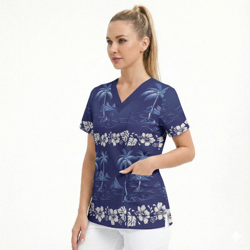 Blue Hawaii Palm Tree Hibiscus Scrub Top Fantasy Summer Vibe LT01 - Polynesian Pride