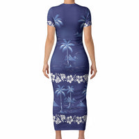 Blue Hawaii Palm Tree Hibiscus Short Sleeve Bodycon Dress Fantasy Summer Vibe LT01 - Polynesian Pride