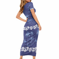Blue Hawaii Palm Tree Hibiscus Short Sleeve Bodycon Dress Fantasy Summer Vibe LT01 - Polynesian Pride