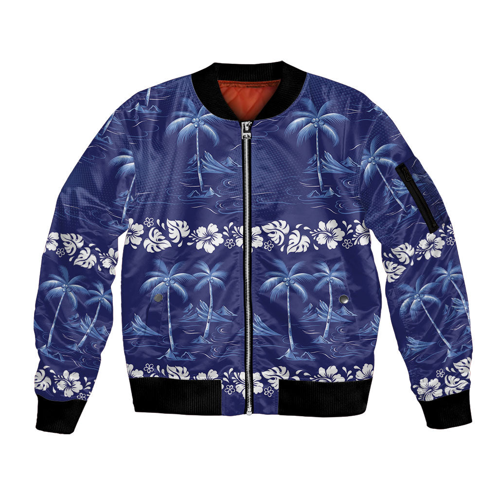 Blue Hawaii Palm Tree Hibiscus Sleeve Zip Bomber Jacket Fantasy Summer Vibe LT01 Unisex Blue - Polynesian Pride