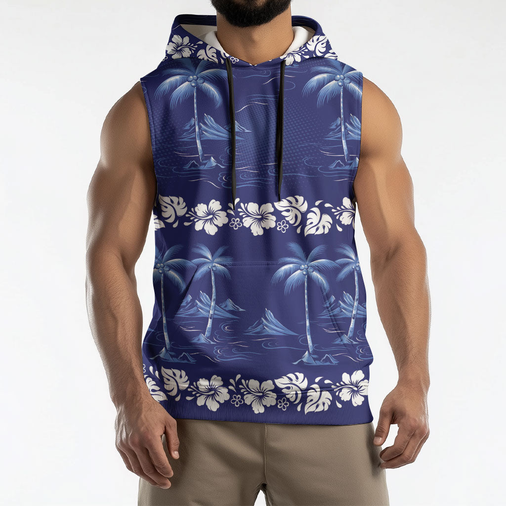 Blue Hawaii Palm Tree Hibiscus Sleeveless Hoodie Fantasy Summer Vibe LT01 - Polynesian Pride