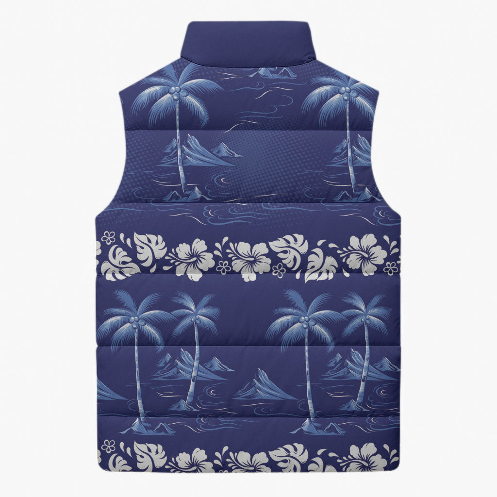 Blue Hawaii Palm Tree Hibiscus Sleeveless Puffer Jacket Fantasy Summer Vibe LT01 - Polynesian Pride