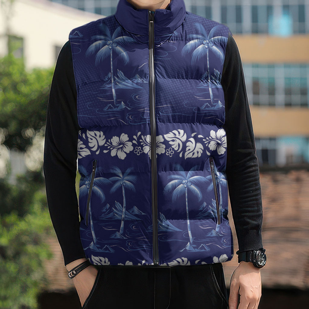 Blue Hawaii Palm Tree Hibiscus Sleeveless Puffer Jacket Fantasy Summer Vibe LT01 - Polynesian Pride