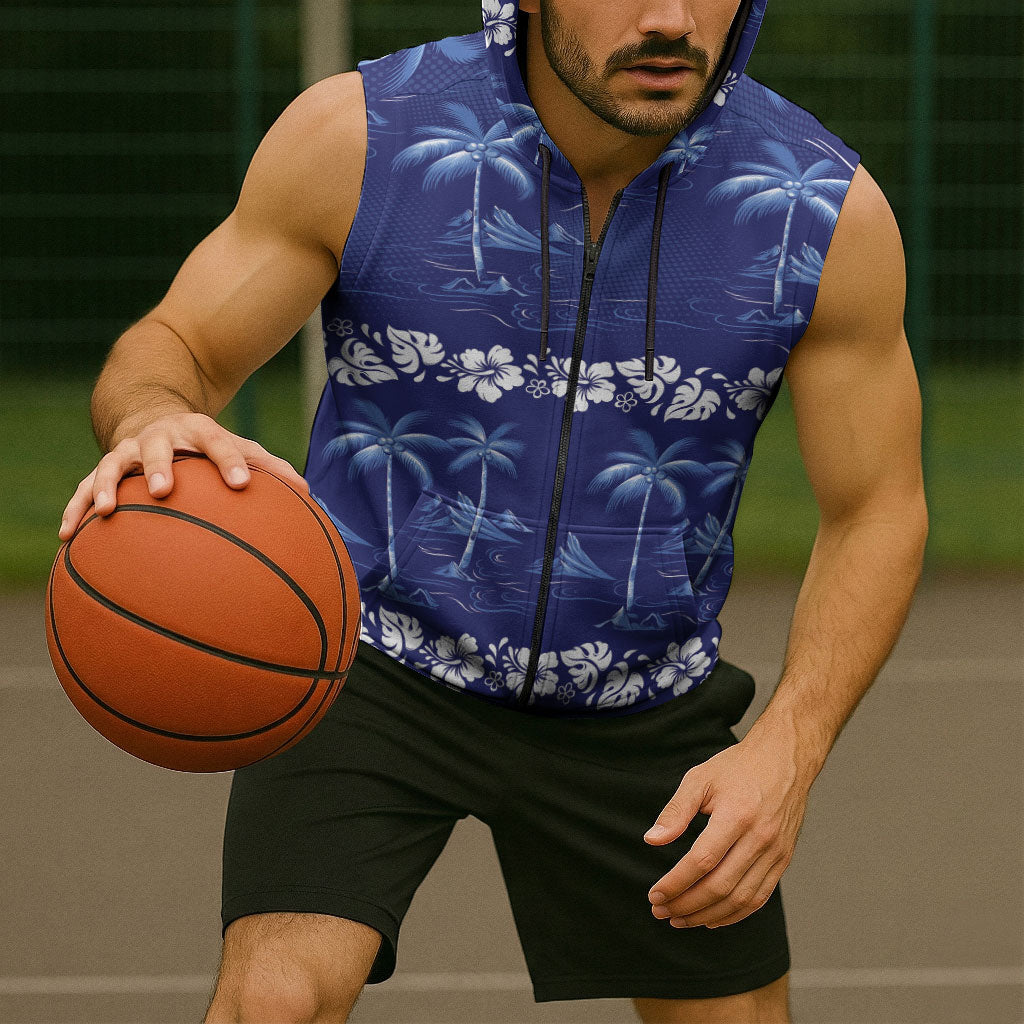 Blue Hawaii Palm Tree Hibiscus Sleeveless Zip Hoodie Fantasy Summer Vibe LT01 - Polynesian Pride