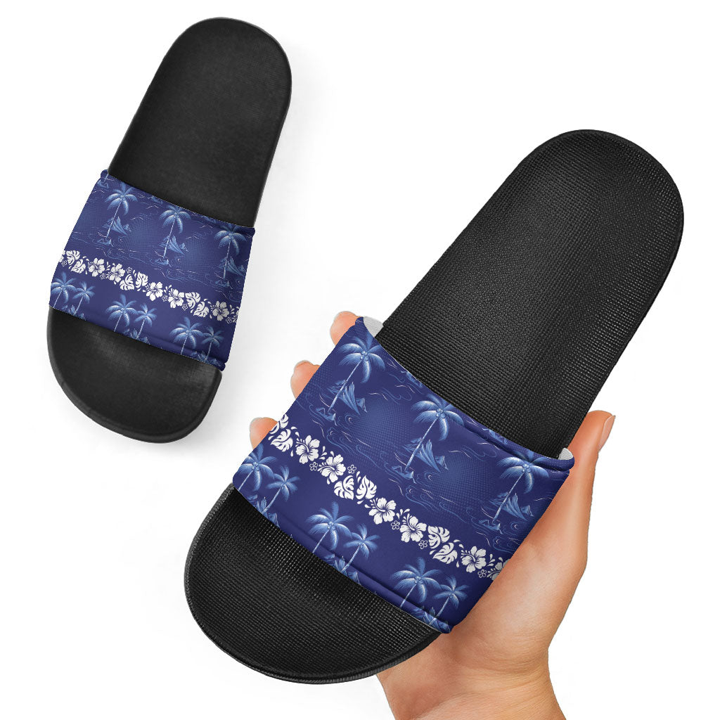Blue Hawaii Palm Tree Hibiscus Slide Sandals Fantasy Summer Vibe LT01 - Polynesian Pride