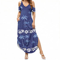 Blue Hawaii Palm Tree Hibiscus Summer Maxi Dress Fantasy Summer Vibe