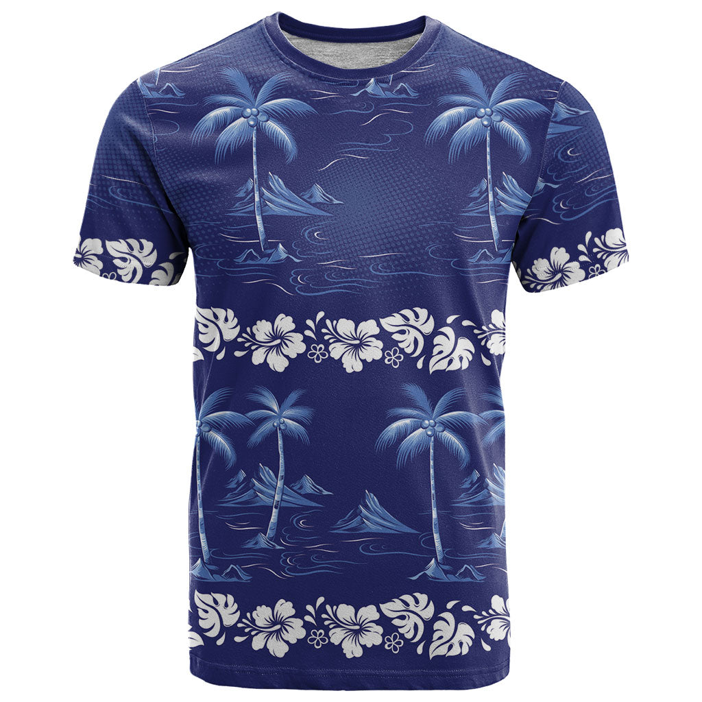 Blue Hawaii Palm Tree Hibiscus T Shirt Fantasy Summer Vibe LT01 Blue - Polynesian Pride