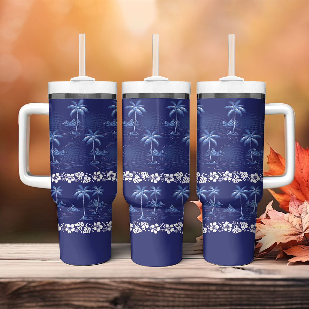 Blue Hawaii Palm Tree Hibiscus Tumbler With Handle Fantasy Summer Vibe LT01 - Polynesian Pride