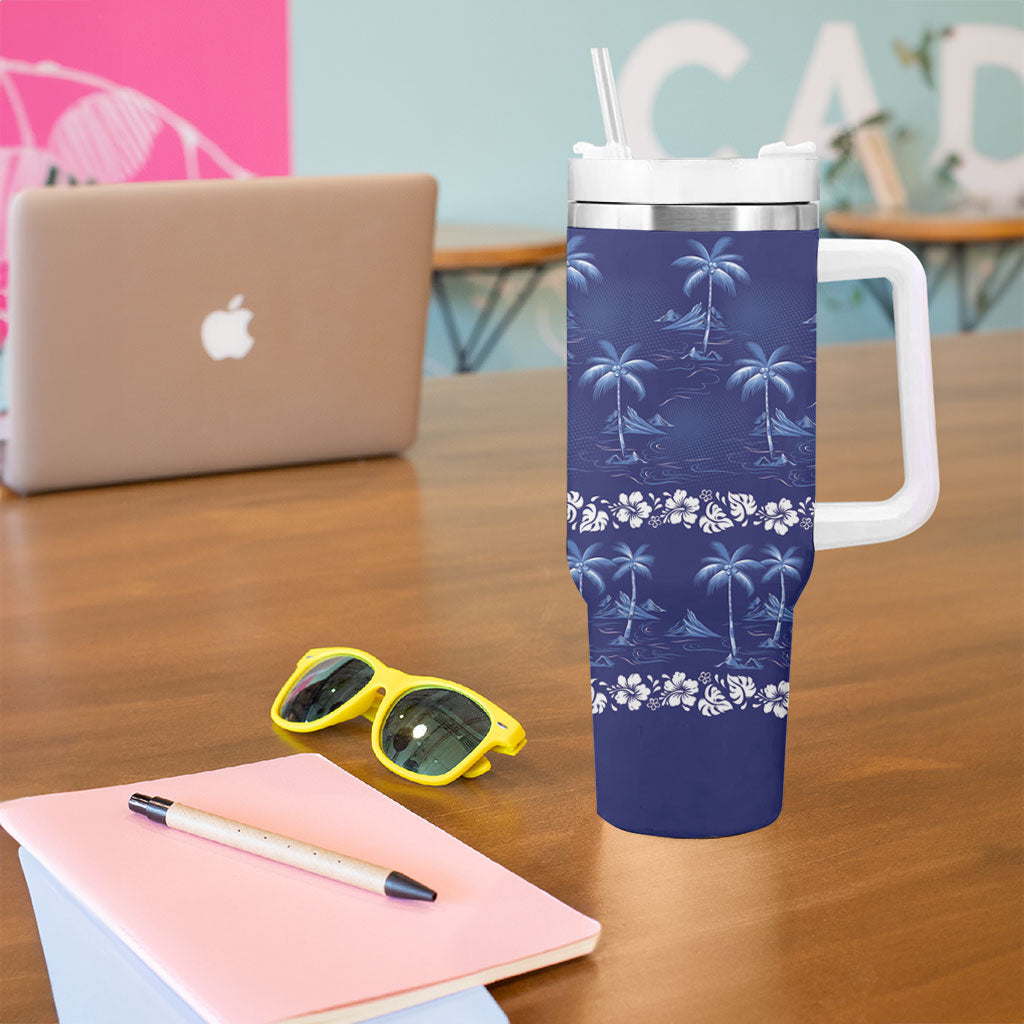Blue Hawaii Palm Tree Hibiscus Tumbler With Handle Fantasy Summer Vibe LT01 - Polynesian Pride