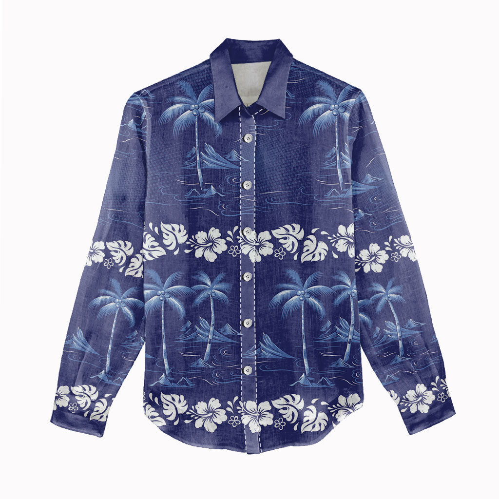 Blue Hawaii Palm Tree Hibiscus Women Casual Shirt Fantasy Summer Vibe LT01 - Polynesian Pride