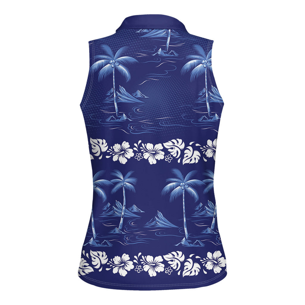 Blue Hawaii Palm Tree Hibiscus Women Sleeveless Polo Shirt Fantasy Summer Vibe LT01 - Polynesian Pride