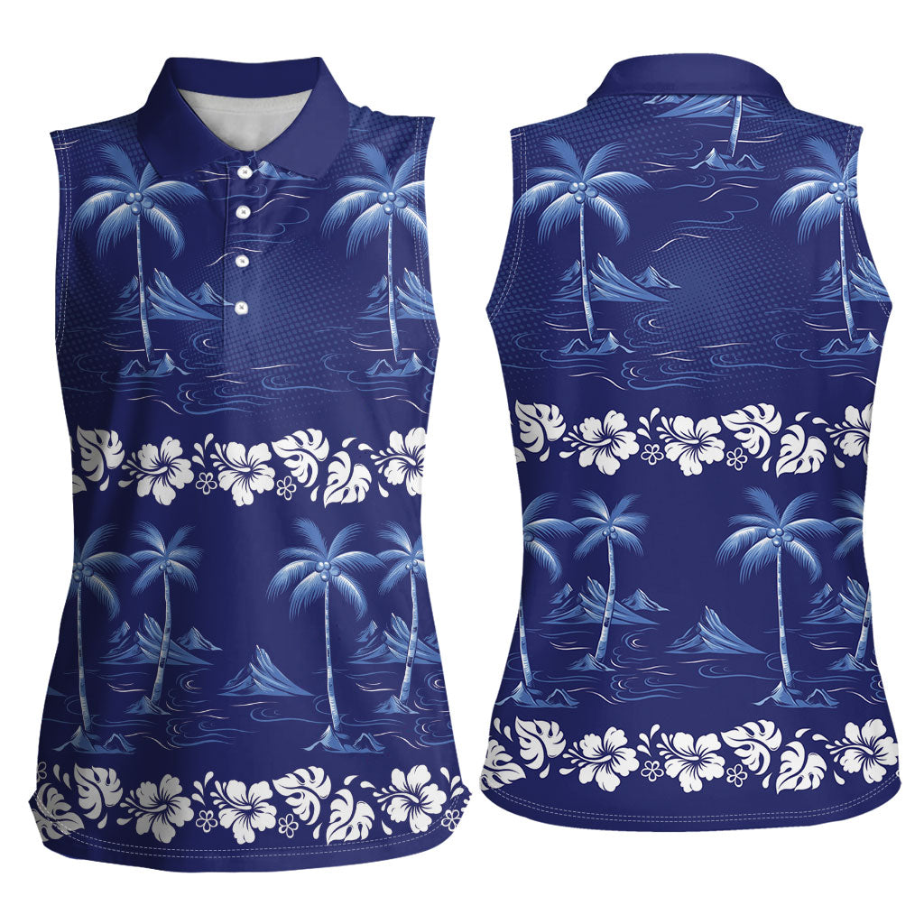 Blue Hawaii Palm Tree Hibiscus Women Sleeveless Polo Shirt Fantasy Summer Vibe LT01 - Polynesian Pride