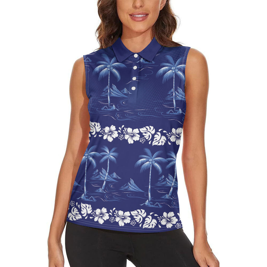 Blue Hawaii Palm Tree Hibiscus Women Sleeveless Polo Shirt Fantasy Summer Vibe LT01 - Polynesian Pride