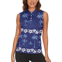 Blue Hawaii Palm Tree Hibiscus Women Sleeveless Polo Shirt Fantasy Summer Vibe LT01 - Polynesian Pride