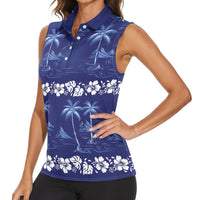 Blue Hawaii Palm Tree Hibiscus Women Sleeveless Polo Shirt Fantasy Summer Vibe LT01 - Polynesian Pride
