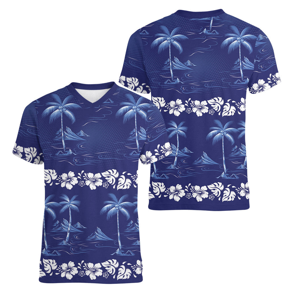Blue Hawaii Palm Tree Hibiscus Women V-Neck T-Shirt Fantasy Summer Vibe LT01 - Polynesian Pride