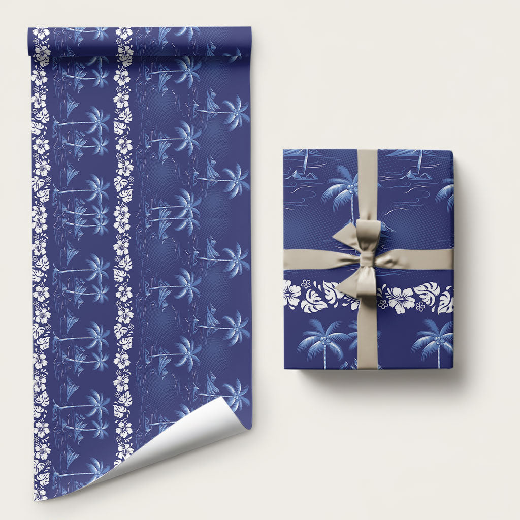 Blue Hawaii Palm Tree Hibiscus Wrapping Paper Fantasy Summer Vibe LT01 58" × 23" Blue - Polynesian Pride