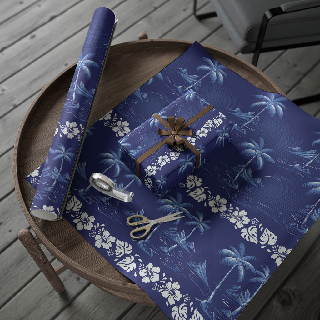 Blue Hawaii Palm Tree Hibiscus Wrapping Paper Fantasy Summer Vibe LT01 - Polynesian Pride