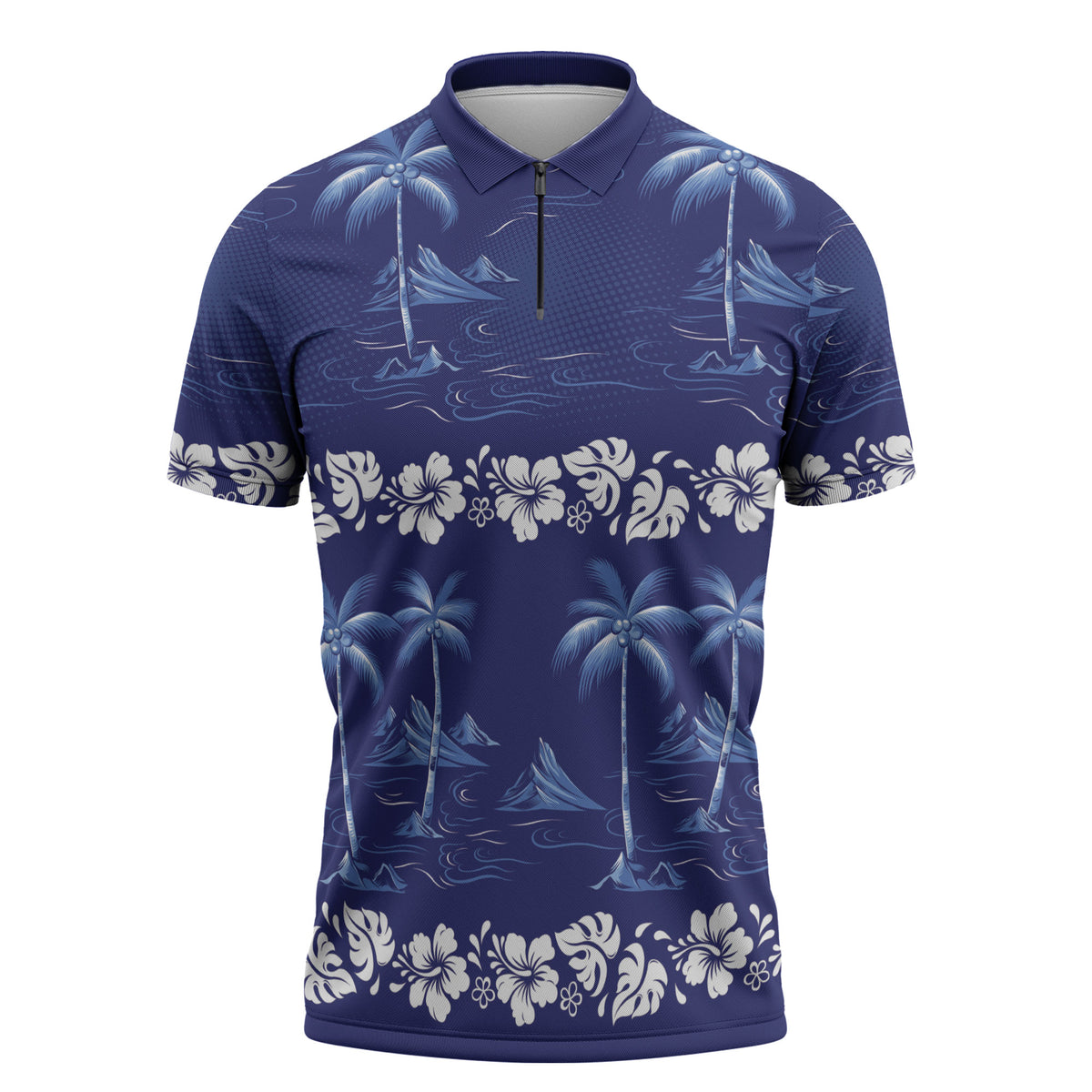Blue Hawaii Palm Tree Hibiscus Zipper Polo Shirt Fantasy Summer Vibe LT01 Blue - Polynesian Pride