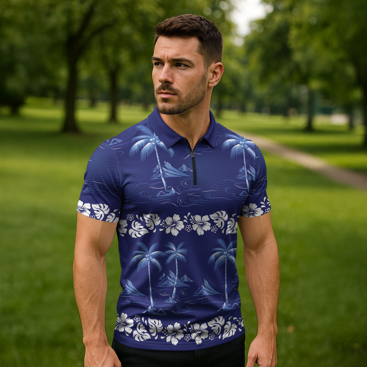 Blue Hawaii Palm Tree Hibiscus Zipper Polo Shirt Fantasy Summer Vibe LT01 - Polynesian Pride