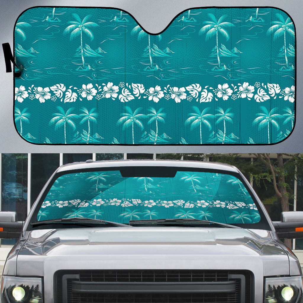 Cyan Hawaii Palm Tree Hibiscus Auto Sun Shade Fantasy Summer Vibe LT01 Cyan - Polynesian Pride